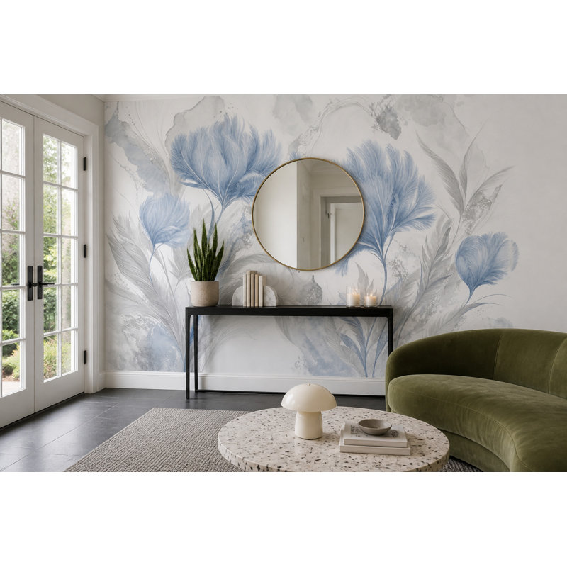Papier peint aquarelle fleurs bleues botaniques amovibles, 120 po x 96 po, Texturé non collé