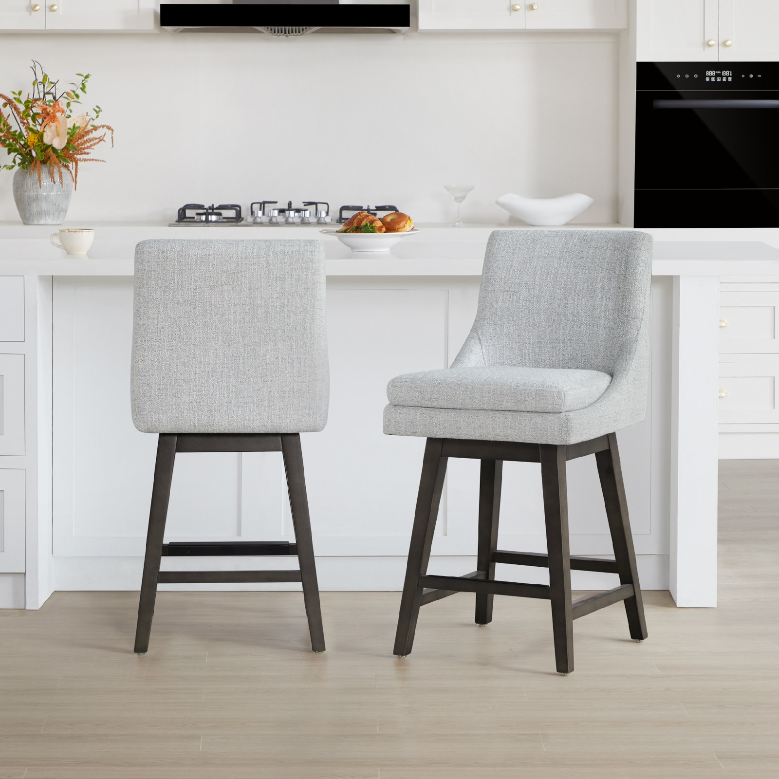 Zahara Upholstered Swivel Counter Stool, Nathan Gray Heathered/Walnut, Counter Stool (26” Seat Height)