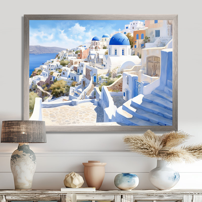Grecque Santorini Odyssey II - Grèce, art mural, Cadre simple argenté, H 24 po x l 32 po x P 1 po