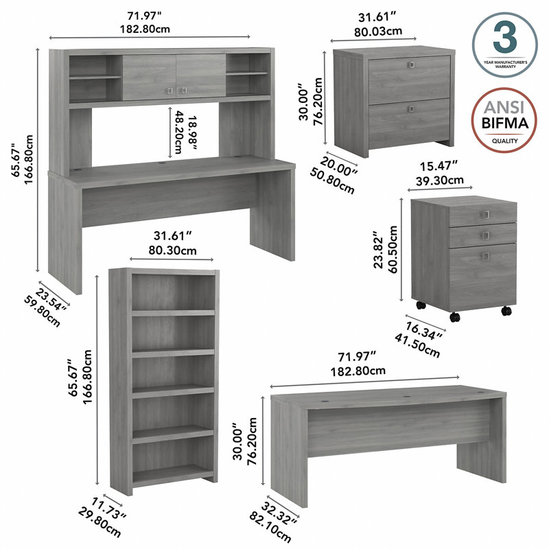 Ensemble de bureau d'écriture rectangulaire avec rehausse 5 pièces Office 500 Collection, Gris moderne / gris moderne