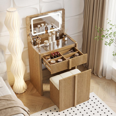 Wood Makeup Vanity Set with Flip Top Mirror & 3 Adjustable Lighting Modes