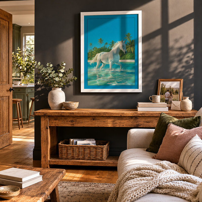 Horse in Turquoise Waters Tropical 1 Piece Single Picture Frame Wall Art, A1 - 84.1 x 59.4 cm, White
