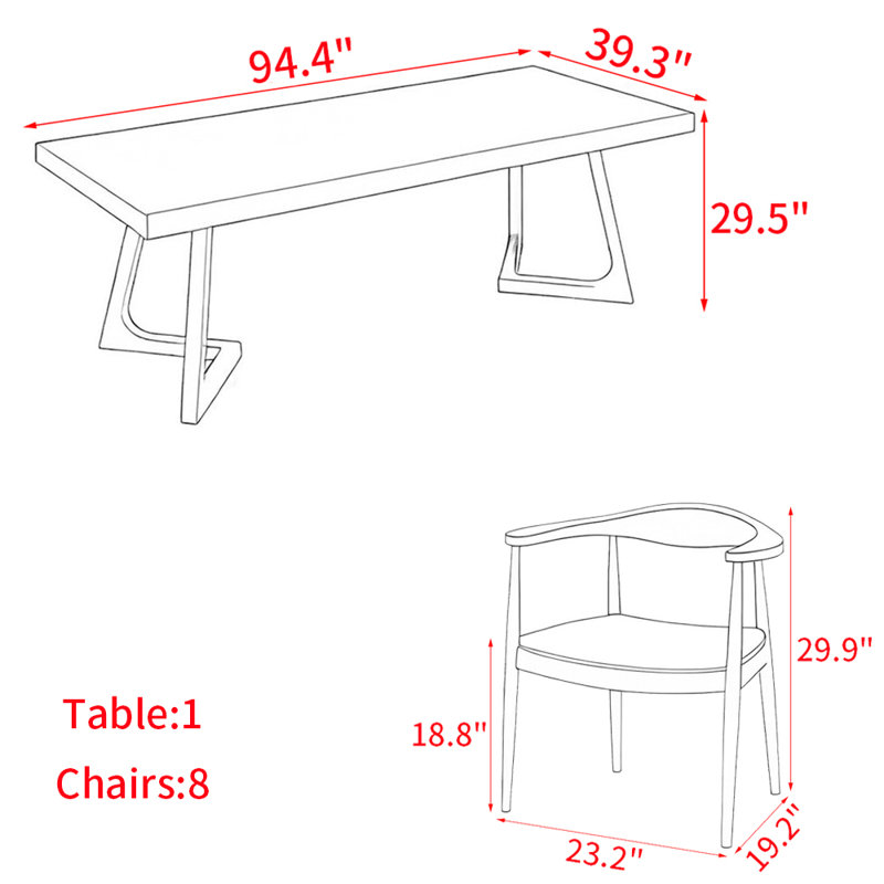 Modern simple solid wood dining table set., 29.5"H x 94.4"L x 39.3"W