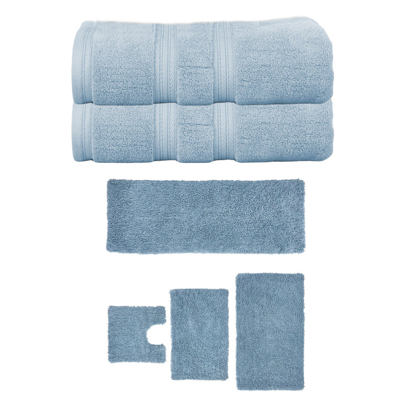 Bruno Collection 100% Soft Cotton 2 Pc Bath Towel Set & 4 Pc Bath Rug Set, (Set of 6), Blue