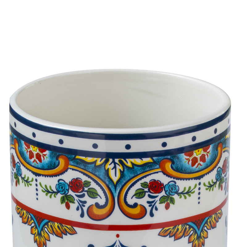 Colorful Ceramic Cylinder Utensil Crock with Artisan Design