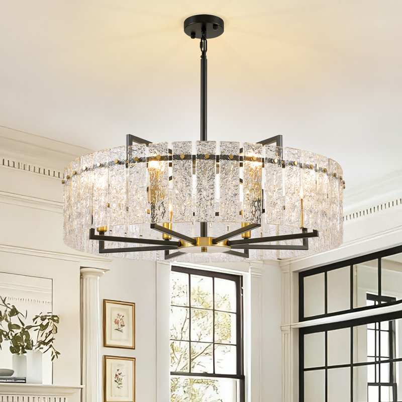 Lustre tambour 8 lumières avec verre texturé Friedhardt, H 10,6 po x l 31,5 po x P 31,5 po, Noir