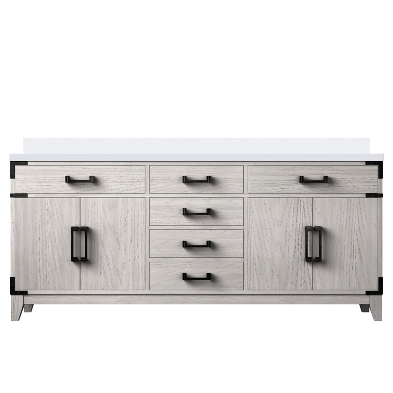 Meuble-lavabo double 72 po x 22 po, chêne blanc, comptoir en quartz, espace intérieur 72 po Coiffeuse en chêne avec plateau et deux tiroirs, fermeture en douceur