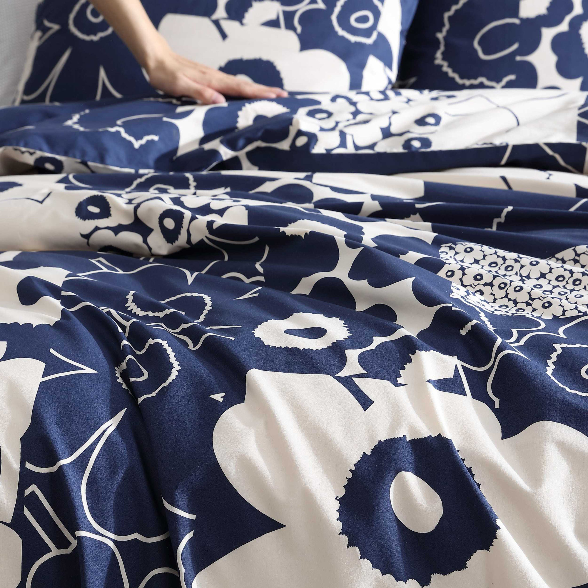 Marimekko Unikko Cotton Blue Duvet Cover Set, Blue/Navy Floral, Queen Duvet Cover + 2 Standard Shams