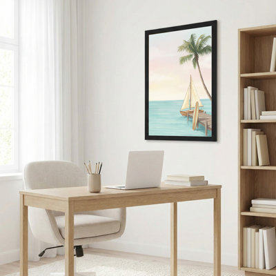 Ensemble de 1 tableau sur toile représentant un palmier tropical et un voilier