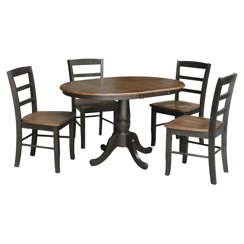 Gadmann Pedestal Extendable Solid Wood Dining Set, Hickory/Washed Coal, 5 Pieces: Table, 4 Chairs