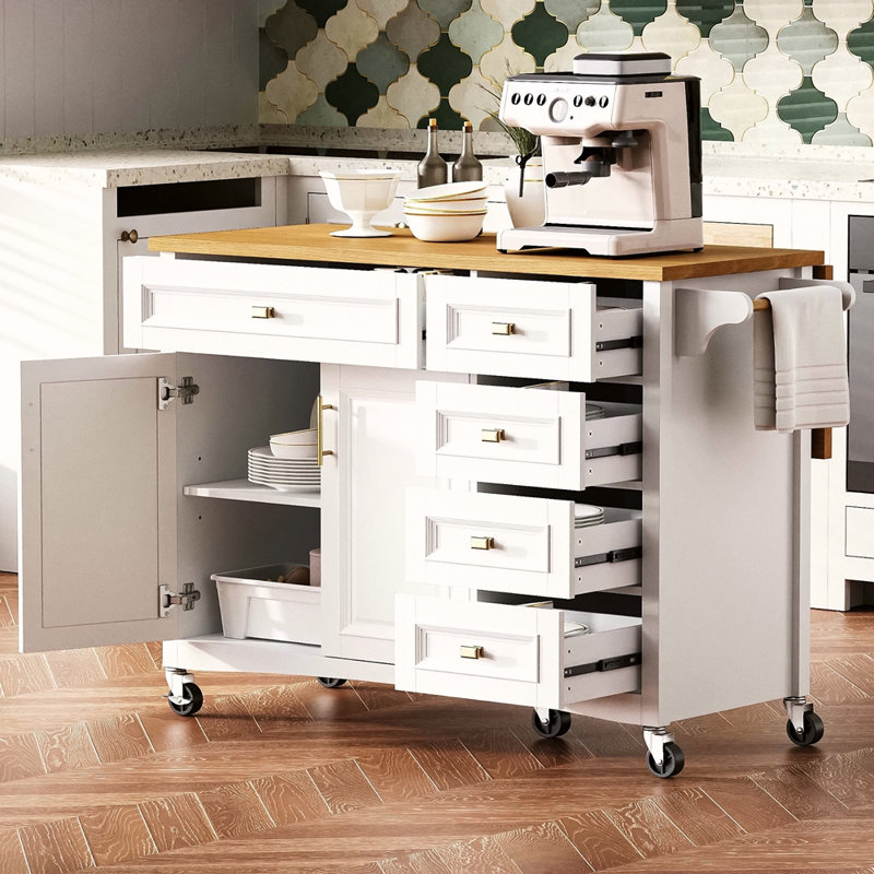 52'' Kitchen Island With Drop Leaf, Embossed Texture Kitchen Island On Wheels With Spice Rack, Towel Rack, 2 Doors And 5 Drawers, Kitchen Storage Cart With Adjustable Shelf For Kitchen, Blue Grey