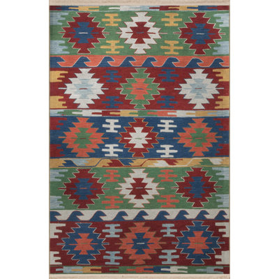 Green-Blue Themed Multi-Colored Traditional Motif Patterned Fringed Vintage Decorative Rug