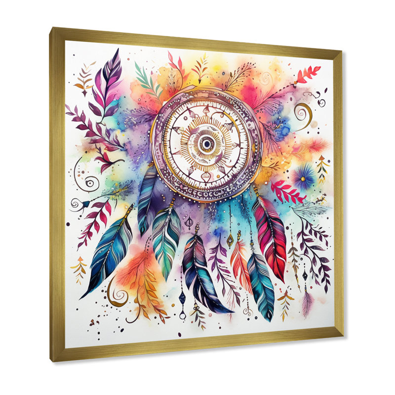 Rainbow Boho Dreamcatcher, aquarelle encadrée sur toile, Cadre doré à une seule photo, H 16 po x l 16 po x P 1 po
