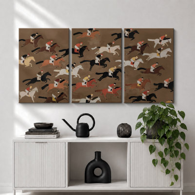 «Vintage Racehorse Riders Pattern Triptych», reproduction d'art sur toile encadrée 3 pièces