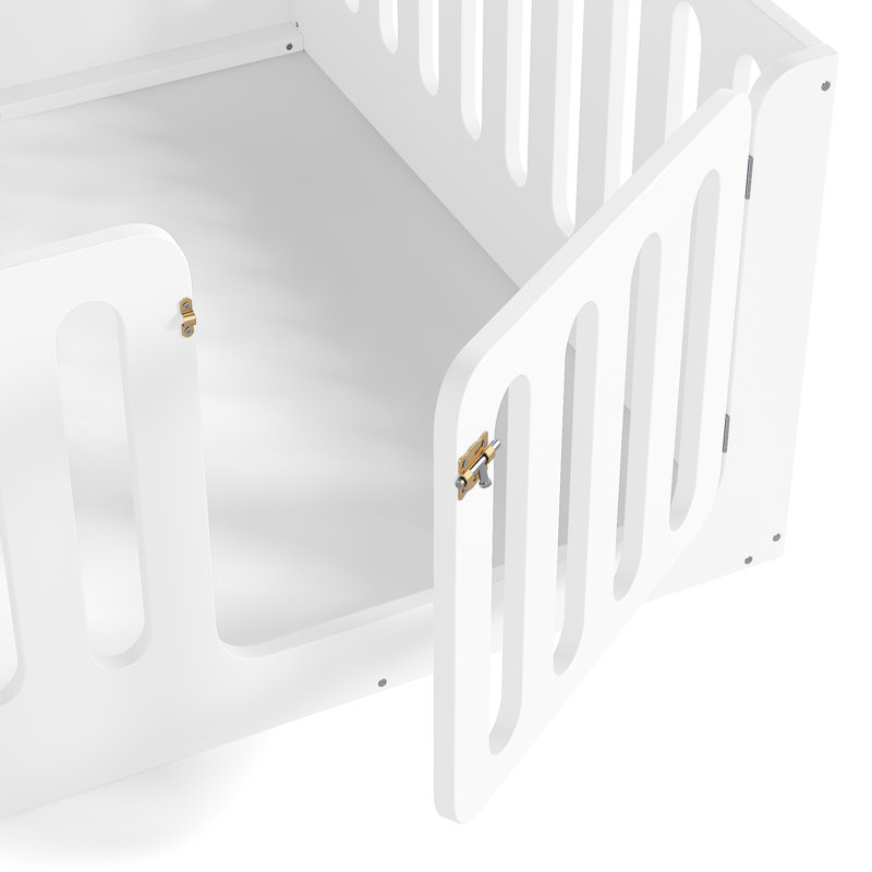 Lit de sol en bois avec clôture de sécurité et porte Polanco, Lit double, Light White