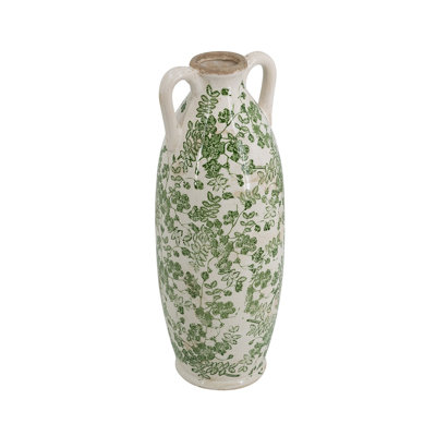 Tall White Ceramic Flower Vase with Green Floral Pattern and Dual Handles