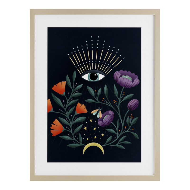 «Mystical Floral Evil Eye», reproduction sous verre encadrée par Metka Hiti, H 20 po x l 14 po, Cadre de récolte en pin