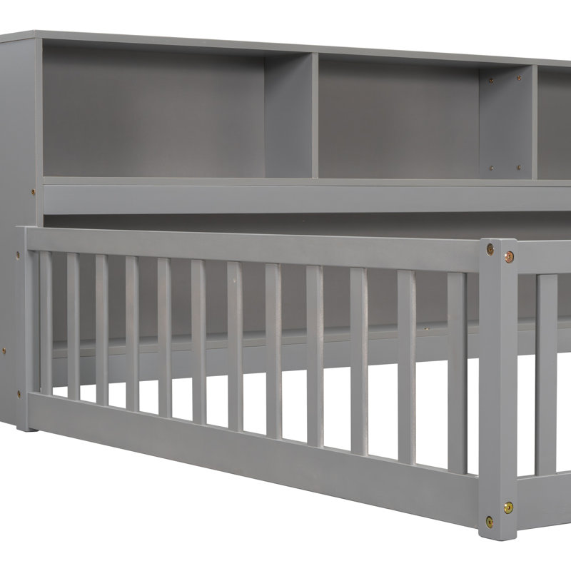 Lit double au sol avec tablettes latérales - Économie d'espace et design élégant gris, élégant et pratique, Lit double, Gris
