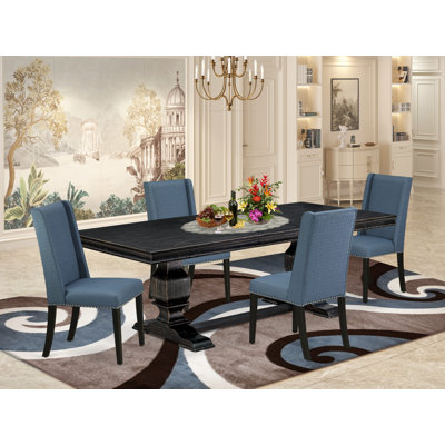 5-piece kitchen table set consists of a rectangular table and 4 Mineral Blue Linen Fabric dining chairs with Padded Chair Back - Sand Blasting Black Finish.