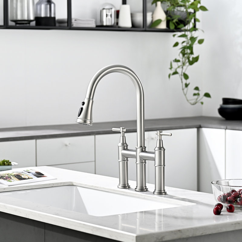 Robinet rétractable en nickel brossé pour évier de cuisine, 3 trous 2 poignées, poignées de trous d'évier de qualité supérieure, nickel, débit efficace