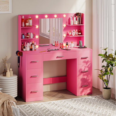 Makeup Vanity with USB Outlet & 3-Color Adjustable Lights - Large Storage Dressing Table with 7 Drawers, Side Hair Dryer Holder, Mirror for Bedroom by Latitude Run