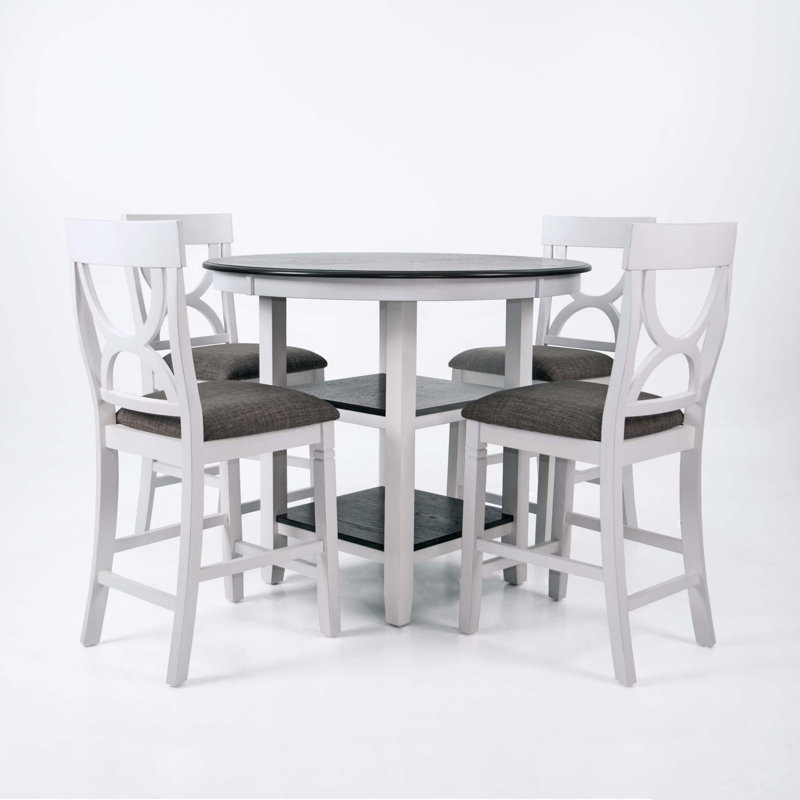 5 Piece Counter Height Dining Set, Dining Table With Storage Shelves, Grey/Antique White