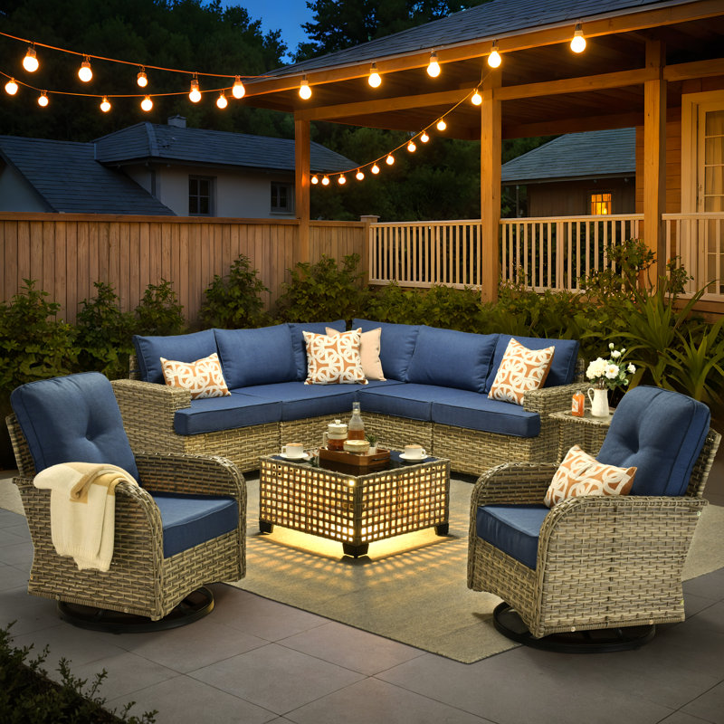 Tommy Outdoor Wicker 7 Person Seating Group With Cushions, Light Gray, No