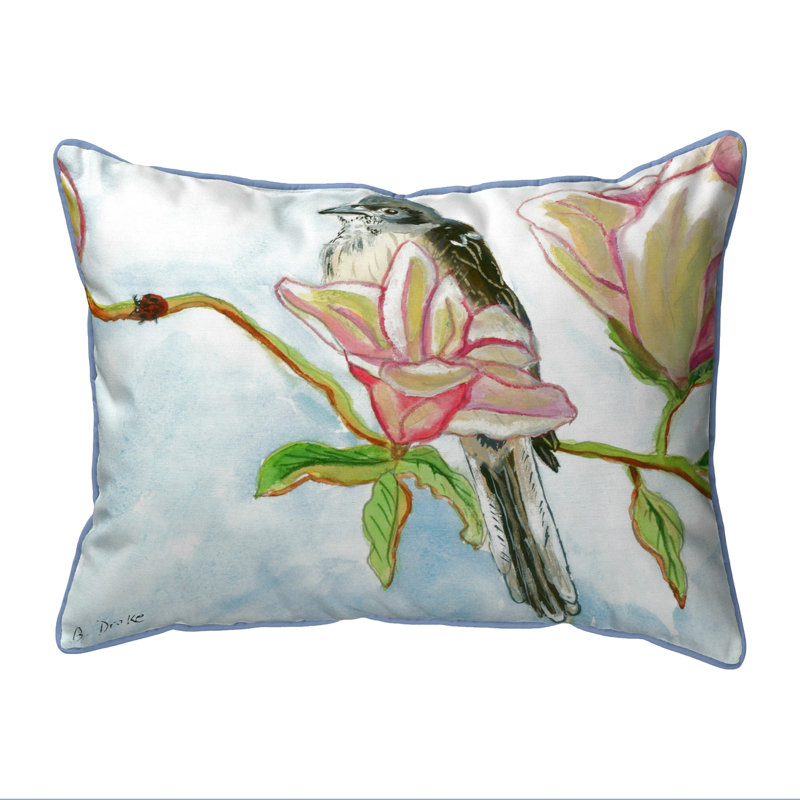 Mockingbird And Berries Outdoor Throw Pillow, Rectangle 16"H x 20"W, Red/Black