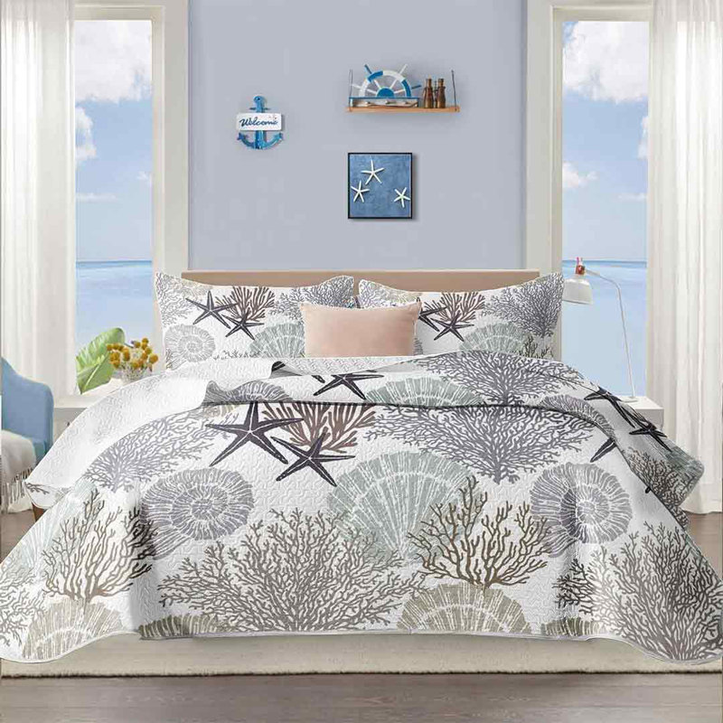 King Size Gray Coastal Reversible Microfiber Quilt Set
