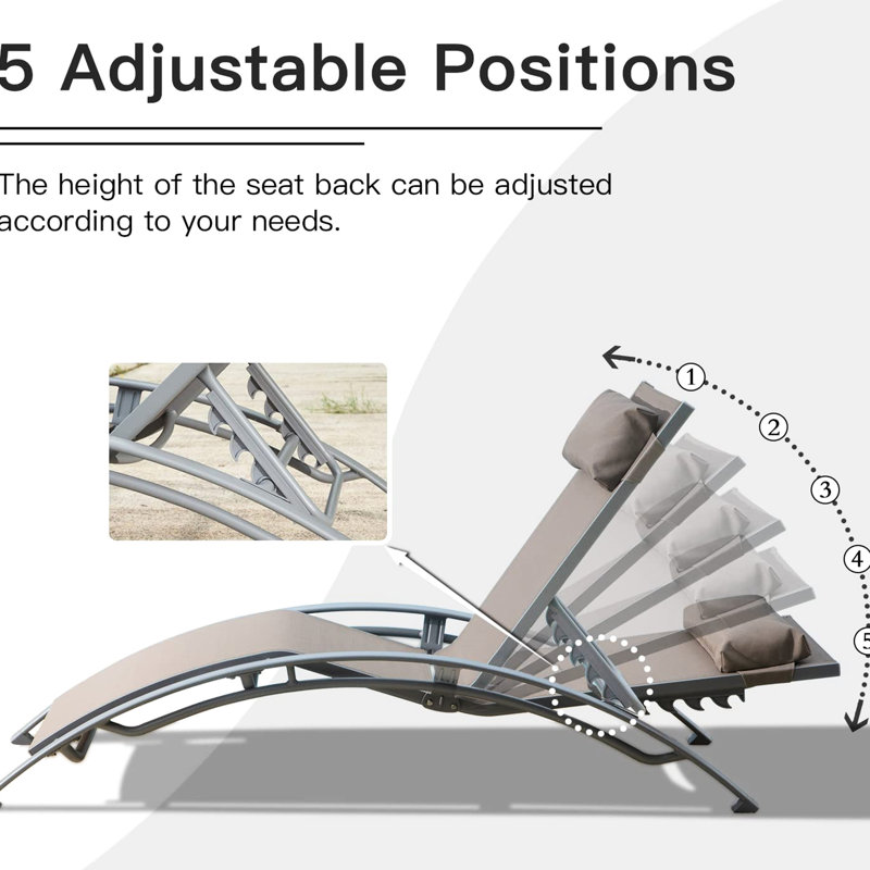 Chaises longues de jardin kaki, structure en aluminium, réglables, coussin amovible, 2 chaises longues de patio en tissu, 5 positions, cadre antirouille, séchage rapide pour terrasse.