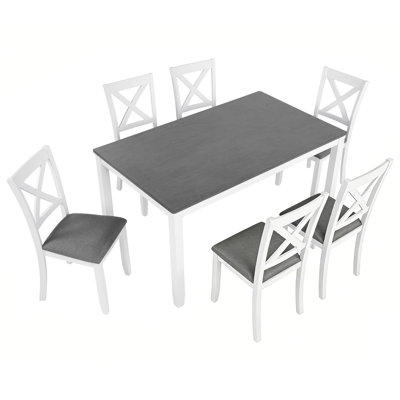 7-Piece Solid Wood Dining Table and Chairs Set, Modern 58.5 Inch Table with 6 Padded Chairs (X-Back Style) for Kitchen, Dining Room, Grey & White two