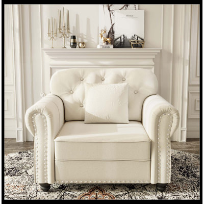 Canapé Chesterfield de 41,3 po en velours beige, canapé capitonné moderne de style Mid-Century avec accoudoirs roulés et garniture cloutée, comprend 1 oreiller