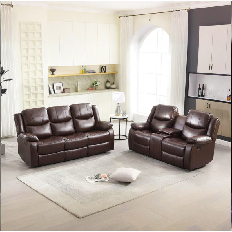 Kamarli Leather Manual Reclining Living Room Set, Brown