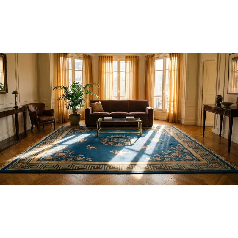 Chinese Antique Knotted Room Size Blue Wool Rectangle 1920s - Art Deco Rug