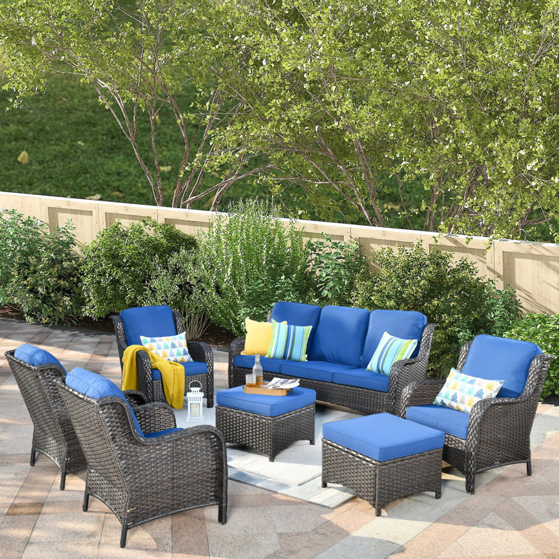7 - Person Patio Conversation Set with Cushions, Brown , Navy Blue