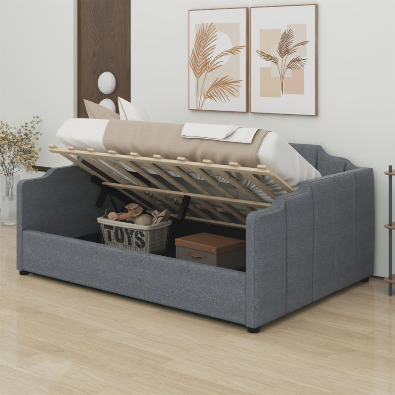 Lit de jour rembourré avec rangement inférieur, Gris