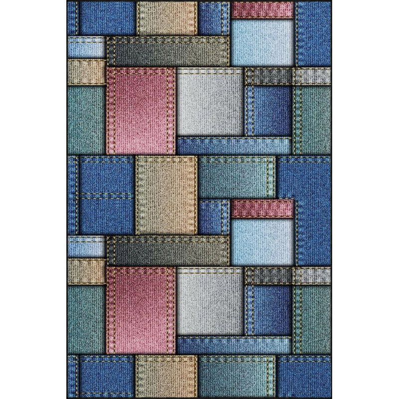 Tapis bleu tissé à motif géométrique rectangulaire lavable à la machine, Sous-tapis carré 3 pi 3 po inclus