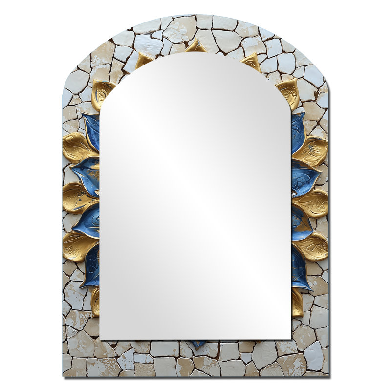 Maroc dans les tons or et bleu - grand miroir asymétrique marocain, miroir mural décoratif arqué traditionnel, impression d'art en métal