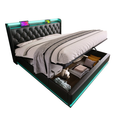 360 Surround Led Queen Size Upholstered Bed With Hydraulic Storage & Link, Black Bed: , Storage, Type-C, Pu Polish