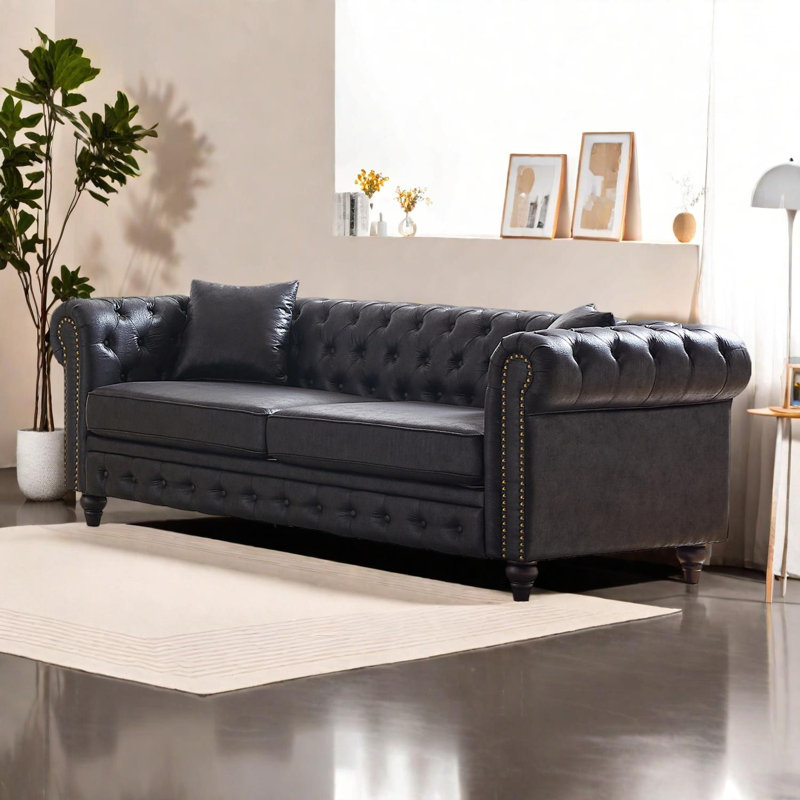 Canapé Chesterfield de salon avec accoudoirs roulés, Noir