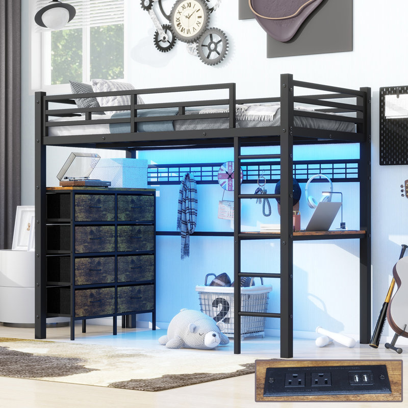 Loft Bed Twin Size With Desk, 8 Storage Drawers,charging Station, High Quality Metal Loft Bed With Led Lights,space-saving Design With Build In Safety Ladder