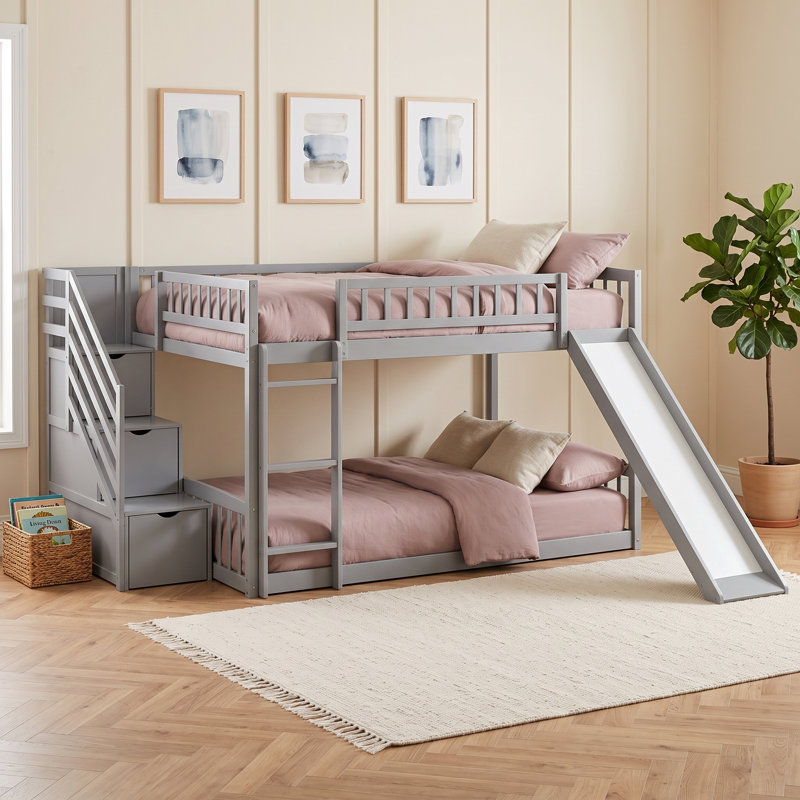 Lit superposé en bois sur 3 tiroirs avec glissière réversible et escalier de rangement, Grey