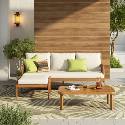 3 Piece Acacia Wood Patio Furniture Set, Outdoor Wicker Furniture Sectional Sofa Set with Coffee Table, 4 Seats Sofa Deep Seating with Soft Cushions f