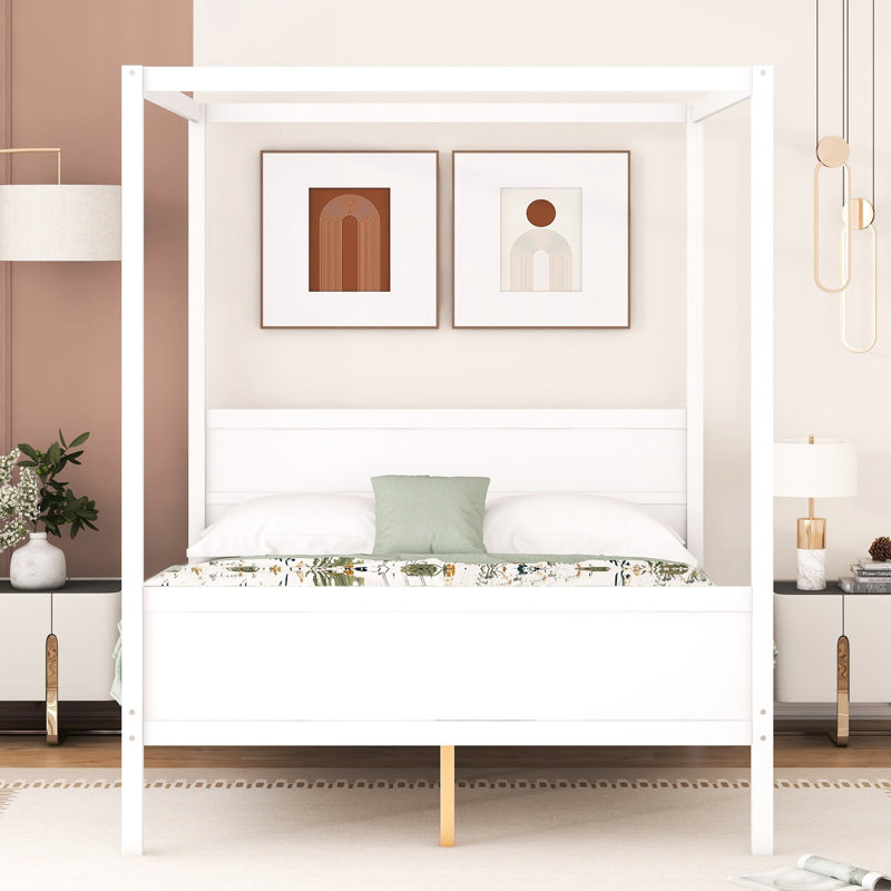Grand lit, blanc, lit à baldaquin, conception moderne, lignes épurées, rangement sous le lit, bois de pin, tête de lit plateforme, pieds de support à lattes, espace de rangement, rails personnalisables, poids