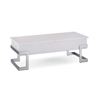 Table basse blanche brillante et chromée avec plateau relevable