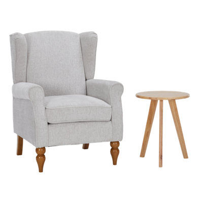 Coffee Table & Armchair Set,Vintage Luxury Style, a high-back comfortable reading chair (beige) & a solid wood coffee table (Natural Wood) , suitable for living rooms and bedroom relaxation areas.