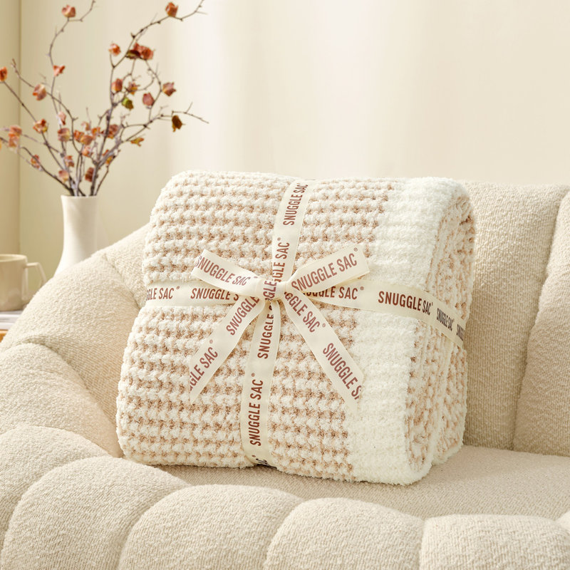 Jeté beige en tricot gaufré réversible, Beige / Blanc