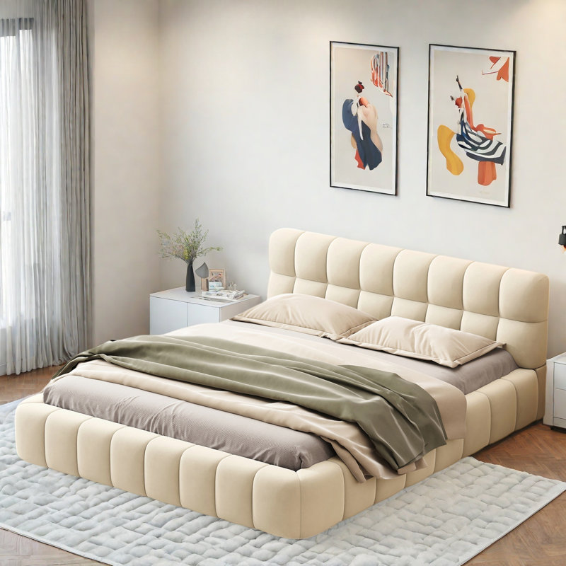 Grand lit plateforme tapissier avec tissu épais, Beige