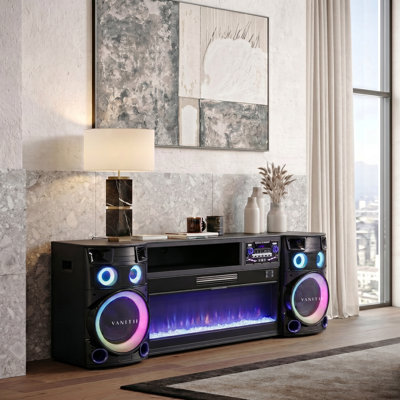 Fully Assembled Electric Fireplace Entertainment Center, Fits 42"‑70" TVs, All‑Season Heat & Natural‑Air Fan, Bluetooth Stereo Speakers, Music‑Sync RGB LED, Multi‑Color Flame, Ready to Use