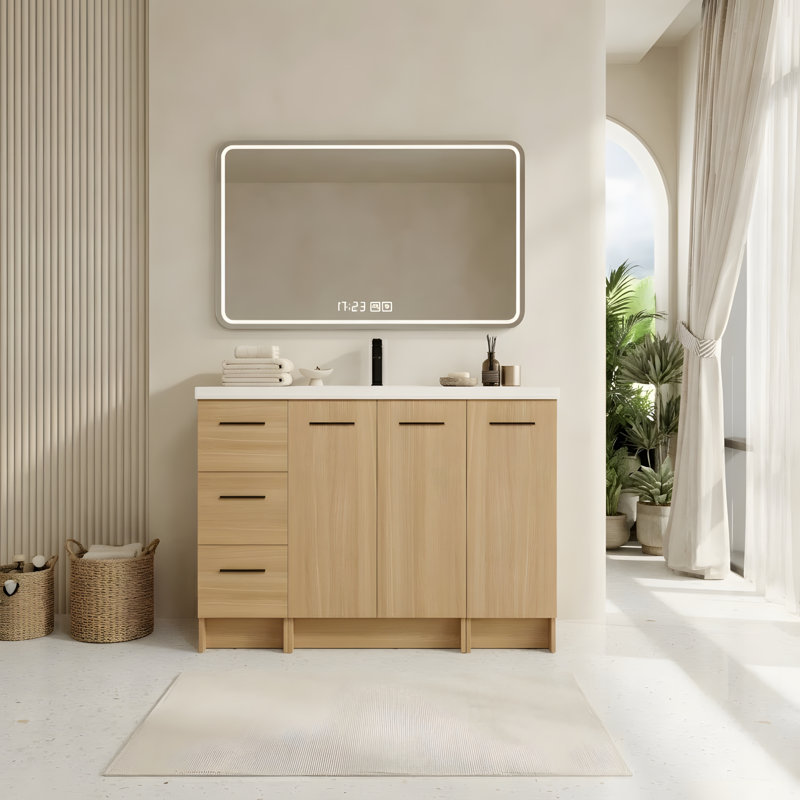Meuble-lavabo autoportant de 122 cm avec lavabo en résine et armoire de rangement multifonctionnelle